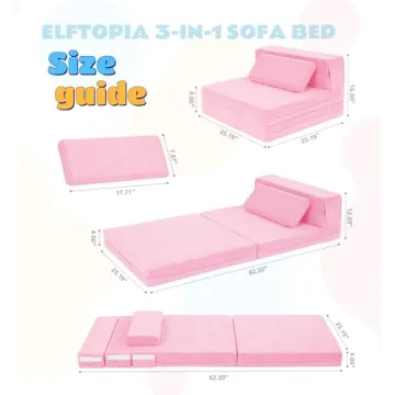 Elftopia 3-in-1 Folding Sofa Bed for Kids,Tri Folding Floor Toddler’s Mattress Fold up Sofa Bed,Child Foldable Futon Mattress,Folding Couch for Kids,Pink