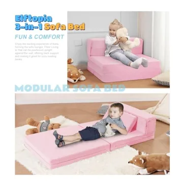 Elftopia 3-in-1 Folding Sofa Bed for Kids,Tri Folding Floor Toddler’s Mattress Fold up Sofa Bed,Child Foldable Futon Mattress,Folding Couch for Kids,Pink