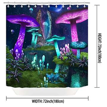 Dia Magico 4PCS Purple Teal Trippy Mushroom Shower Curtain Set, Starry Sky Galaxy Planet Boat River Enchanted Fantasy Plant Wonderland Fairy Tale Bathroom Decor Non-slip Bath Mat Toilet Rug, Jellyfish