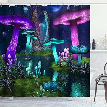 Dia Magico 4PCS Purple Teal Trippy Mushroom Shower Curtain Set, Starry Sky Galaxy Planet Boat River Enchanted Fantasy Plant Wonderland Fairy Tale Bathroom Decor Non-slip Bath Mat Toilet Rug, Jellyfish