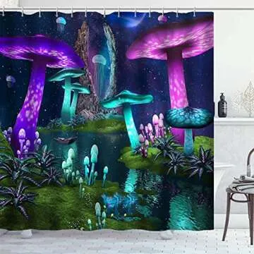 Dia Magico 4PCS Purple Teal Trippy Mushroom Shower Curtain Set, Starry Sky Galaxy Planet Boat River Enchanted Fantasy Plant Wonderland Fairy Tale Bathroom Decor Non-slip Bath Mat Toilet Rug, Jellyfish