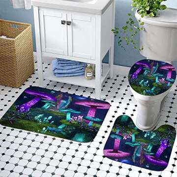 Dia Magico 4PCS Purple Teal Trippy Mushroom Shower Curtain Set, Starry Sky Galaxy Planet Boat River Enchanted Fantasy Plant Wonderland Fairy Tale Bathroom Decor Non-slip Bath Mat Toilet Rug, Jellyfish