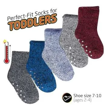HOT FEET Toddler Warm Socks – 5/6 Pack Thermal Crew Winter Socks for Toddlers, Thick Insulated Snow Socks for Kids, 5 Marled Gripped (1)