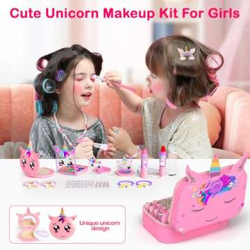 Kids Makeup Kit for Girl - 2 In 1 Kids Washable Makeup Toys & Nail Art Kit with Unicorn Cosmetic Cas...
