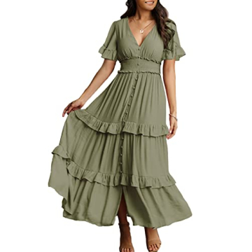 Amegoya Women's Summer Boho Tiered Maxi Dress V Neck Smocked High Waist Long Flowy Dress (Army Green...