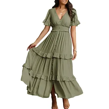 Amegoya Women's Summer Boho Tiered Maxi Dress V Neck Smocked High Waist Long Flowy Dress (Army Green...