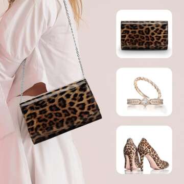 WALLYN'S Women Patent Leather Wallets Fashion Clutch Purses, Evening Bag Handbag Solid Color (Leopard Brown)
