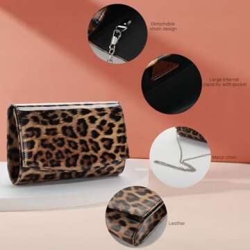 WALLYN'S Women Patent Leather Wallets Fashion Clutch Purses, Evening Bag Handbag Solid Color (Leopard Brown)