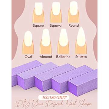 Maryton Nail Buffer Block, Medium/Fine Grit 100/180 Finishing Buffers for Acrylic Nails Gel Polish Nails, 3 Way Professional Pedicure Manicure Buffer Kits, 5 Count (Purple)