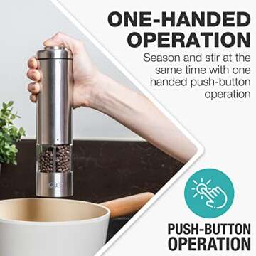 Eparé Electric Salt and Pepper Grinder with LED Light - Battery Operated Automatic One Handed Salt Pepper Mill - Metallic Adjustable Ceramic Burr & Refillable Stainless Steel Shaker