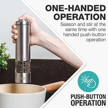 Eparé Electric Salt and Pepper Grinder with LED Light - Battery Operated Automatic One Handed Salt Pepper Mill - Metallic Adjustable Ceramic Burr & Refillable Stainless Steel Shaker