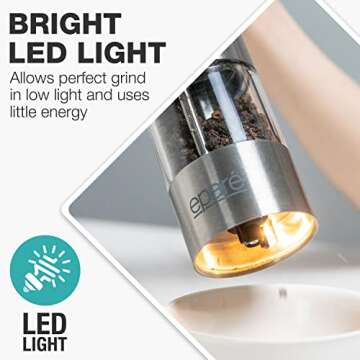 Eparé Electric Salt and Pepper Grinder with LED Light - Battery Operated Automatic One Handed Salt Pepper Mill - Metallic Adjustable Ceramic Burr & Refillable Stainless Steel Shaker