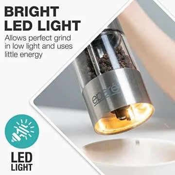 Eparé Electric Salt and Pepper Grinder with LED Light - Battery Operated Automatic One Handed Salt Pepper Mill - Metallic Adjustable Ceramic Burr & Refillable Stainless Steel Shaker