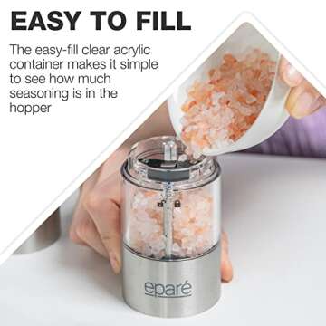 Eparé Electric Salt and Pepper Grinder with LED Light - Battery Operated Automatic One Handed Salt Pepper Mill - Metallic Adjustable Ceramic Burr & Refillable Stainless Steel Shaker