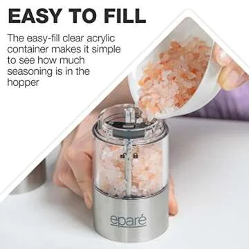 Eparé Electric Salt and Pepper Grinder with LED Light - Battery Operated Automatic One Handed Salt Pepper Mill - Metallic Adjustable Ceramic Burr & Refillable Stainless Steel Shaker