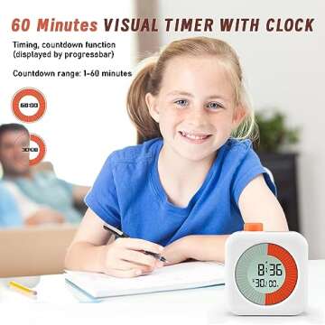 EooCoo Digital Visual Timer, 60-Minute Countdown Timer for Kids and Adults, Time Management Tool, Timer Clock Alarm 3 in 1, for Homeschool, Kitchen, Office, ADHD, Back to School Supplies