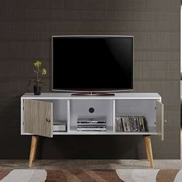Hodedah Retro Style TV Stand with Two Storage Doors, and Solid Wood Legs, White