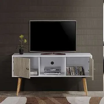 Hodedah Retro Style TV Stand with Two Storage Doors, and Solid Wood Legs, White