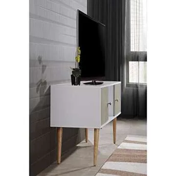 Hodedah Retro Style TV Stand with Two Storage Doors, and Solid Wood Legs, White