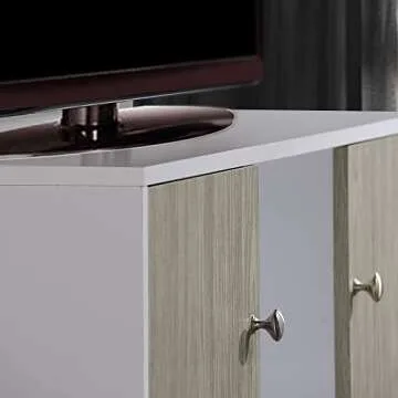 Hodedah Retro Style TV Stand with Two Storage Doors, and Solid Wood Legs, White
