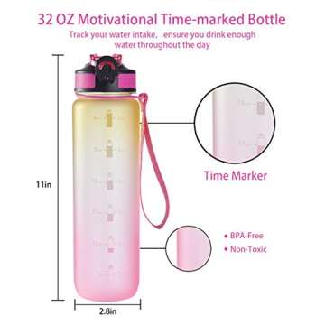 EYQ 32 oz Water Bottle with Time Marker, Carry Strap, Leak-Proof Tritan BPA-Free, Ensure You Drink E...