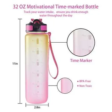 EYQ 32 oz Water Bottle with Time Marker, Carry Strap, Leak-Proof Tritan BPA-Free, Ensure You Drink E...