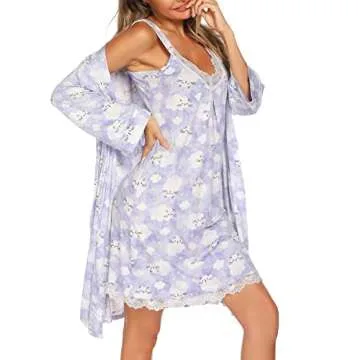 ENJOYNIGHT Women's Robes Set Sexy V-Neck 2 Pieces Lingerie Nightgown with Robes Pajama Set Lace Cami Sleepwear(Medium,Clouds)