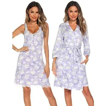ENJOYNIGHT Women's Robes Set Sexy V-Neck 2 Pieces Lingerie Nightgown with Robes Pajama Set Lace Cami Sleepwear(Medium,Clouds)