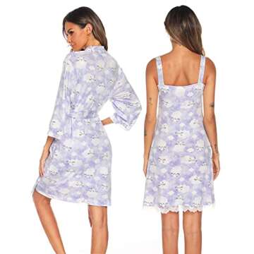 ENJOYNIGHT Women's Robes Set Sexy V-Neck 2 Pieces Lingerie Nightgown with Robes Pajama Set Lace Cami Sleepwear(Medium,Clouds)