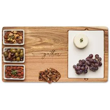 Acacia Wood Cheese & Charcuterie Board - Oprah’s Favorite Things 2022 - Féte Set Tray - Functional Serving Board incl. 4 Washable, Movable Serving Dishes, Makes Great Holiday/Wedding Gift - 18 x 9.5”