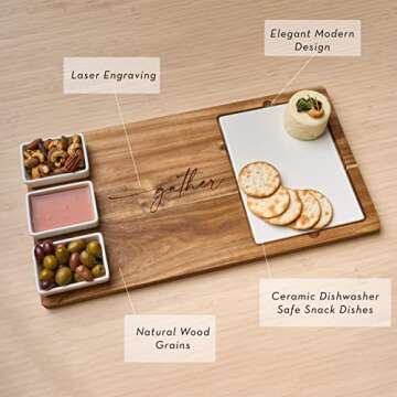Acacia Wood Cheese & Charcuterie Board - Oprah’s Favorite Things 2022 - Féte Set Tray - Functional Serving Board incl. 4 Washable, Movable Serving Dishes, Makes Great Holiday/Wedding Gift - 18 x 9.5”