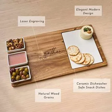 Acacia Wood Cheese & Charcuterie Board - Oprah’s Favorite Things 2022 - Féte Set Tray - Functional Serving Board incl. 4 Washable, Movable Serving Dishes, Makes Great Holiday/Wedding Gift - 18 x 9.5”