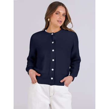 Caracilia Cardigan Sweaters for Women Cropped Open Front Tweed Knit Button Down Dressy Casual Jacket 2025 Spring Outwear Navy Blue X-Large