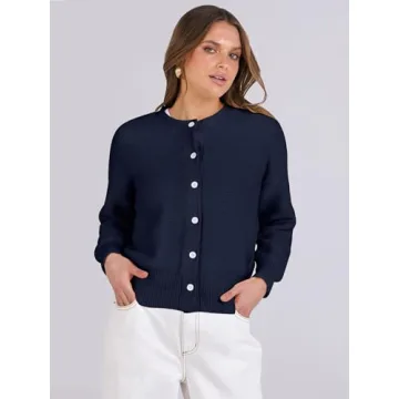 Caracilia Cardigan Sweaters for Women Cropped Open Front Tweed Knit Button Down Dressy Casual Jacket 2025 Spring Outwear Navy Blue X-Large