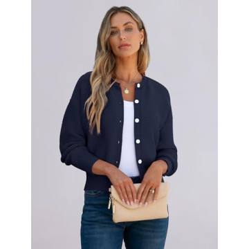 Caracilia Cardigan Sweaters for Women Cropped Open Front Tweed Knit Button Down Dressy Casual Jacket 2025 Spring Outwear Navy Blue X-Large