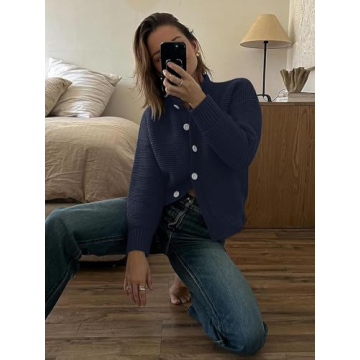 Caracilia Cardigan Sweaters for Women Cropped Open Front Tweed Knit Button Down Dressy Casual Jacket 2025 Spring Outwear Navy Blue X-Large