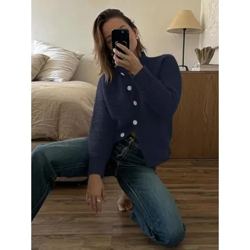 Caracilia Cardigan Sweaters for Women Cropped Open Front Tweed Knit Button Down Dressy Casual Jacket 2025 Spring Outwear Navy Blue X-Large