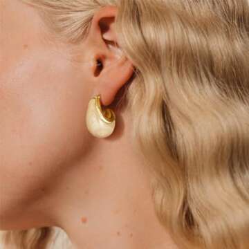 KissYan Acrylic Teardrop Earrings for Women, 14K Gold Plated Resin Chunky Hoop Earrings, Lightweight Hollow Open Drop Hoops Translucent Hypoallergenic Vintage Fashion Jewelry Gifts (Beige)