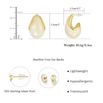 KissYan Acrylic Teardrop Earrings for Women, 14K Gold Plated Resin Chunky Hoop Earrings, Lightweight Hollow Open Drop Hoops Translucent Hypoallergenic Vintage Fashion Jewelry Gifts (Beige)
