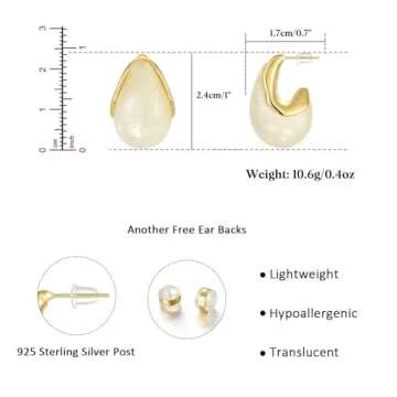 KissYan Acrylic Teardrop Earrings for Women, 14K Gold Plated Resin Chunky Hoop Earrings, Lightweight Hollow Open Drop Hoops Translucent Hypoallergenic Vintage Fashion Jewelry Gifts (Beige)