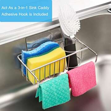 AOZITA 2-in-1 Sink Caddy, Sponge Brush Holder for Kitchen Sink - Small In Sink Dish Sponge Caddy, 304 Stainless Steel, Kitchen Sink Hanging Accessories, Organizer Rack - Silver, 7.8 x 2.5 x 2.5 in