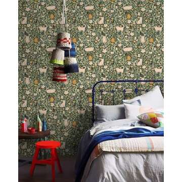 Green Peel and Stick Wallpaper Green Floral Wallpaper Vintage Kids Wallpaper Boho Botanical Contact Paper for Cabinets Shelf Liner Modern Removable Nursery Wall Decor 16.1''x78.7'' Renter Friendly