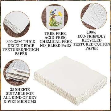 25 Sheets Watercolor Paper 300gsm Handmade Paper Sheets 8 x 6inch Deckled Edge Paper Rough/Textured Cotton Paper Ivory White Textured Paper for Watercolor, Writing Calligraphy, Invitations, Crafts