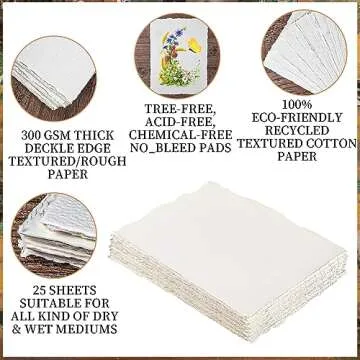 25 Sheets Watercolor Paper 300gsm Handmade Paper Sheets 8 x 6inch Deckled Edge Paper Rough/Textured Cotton Paper Ivory White Textured Paper for Watercolor, Writing Calligraphy, Invitations, Crafts