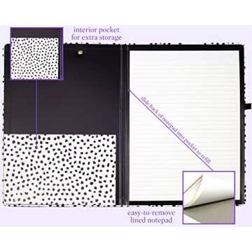 Steel Mill & Co Cute Clipboard Folio with Refillable Lined Notepad and Interior Storage Pocket, Black and White Padfolio for Work, Black Dots