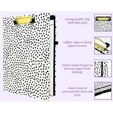 Steel Mill & Co Cute Clipboard Folio with Refillable Lined Notepad and Interior Storage Pocket, Black and White Padfolio for Work, Black Dots