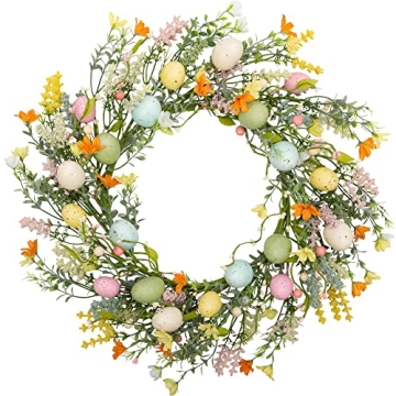 VGIA 18 inch Easter Wreath Artificial Easter Egg Wreath Spring Door Wreath with Mixed Twigs and Flow...