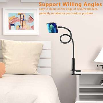 PEYOU Phone Holder for Bed, 【Widen Base】 Gooseneck Phone Holder for Desk, Flexible Sturdy Arm & 360 Adjustable Clamp Clip, Overhead Mount Stand, Compatible with iPhone 13 Pro 12 11, Galaxy S21 More