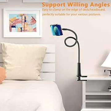 PEYOU Phone Holder for Bed, 【Widen Base】 Gooseneck Phone Holder for Desk, Flexible Sturdy Arm & 360 Adjustable Clamp Clip, Overhead Mount Stand, Compatible with iPhone 13 Pro 12 11, Galaxy S21 More