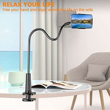 PEYOU Phone Holder for Bed, 【Widen Base】 Gooseneck Phone Holder for Desk, Flexible Sturdy Arm & 360 Adjustable Clamp Clip, Overhead Mount Stand, Compatible with iPhone 13 Pro 12 11, Galaxy S21 More